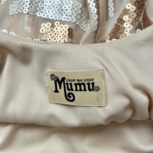 Show Me Your Mumu Tallulah White Tan Sequin Open Back Short Sleeve Mini Dress S - Picture 12 of 13